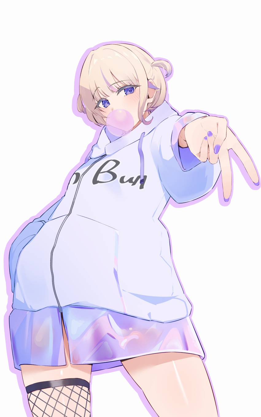 1girl, absurdres, alternate_costume, blonde_hair, chewing_gum, fishnet_thighhighs, fishnets, highres, hololive, hololive_dev_is, hood, hoodie, inuinuo_gataken, looking_at_viewer, multicolored_hair, nail_polish, purple_hair, purple_nails, short_hair, solo, streaked_hair, thigh-highs, todoroki_hajime, two_side_up, v, violet_eyes, virtual_youtuber, white_background, white_hoodie