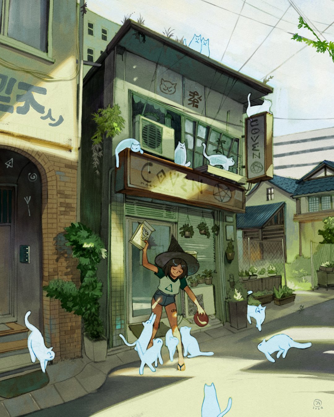 1girl, arm_up, black_hair, black_hat, blue_shorts, bowl, box, brick_wall, building, cat, cityscape, closed_eyes, condenser_unit, door, feeding_animal, fence, flip-flops, ghost, hanging_plant, hat, highres, holding, holding_bowl, holding_box, magic_circle, medium_hair, original, outdoors, parted_bangs, plant, potted_plant, road, sandals, shirt, shop, shorts, sign, simz, standing, t-shirt, tile_wall, tiles, white_shirt, window, witch_hat