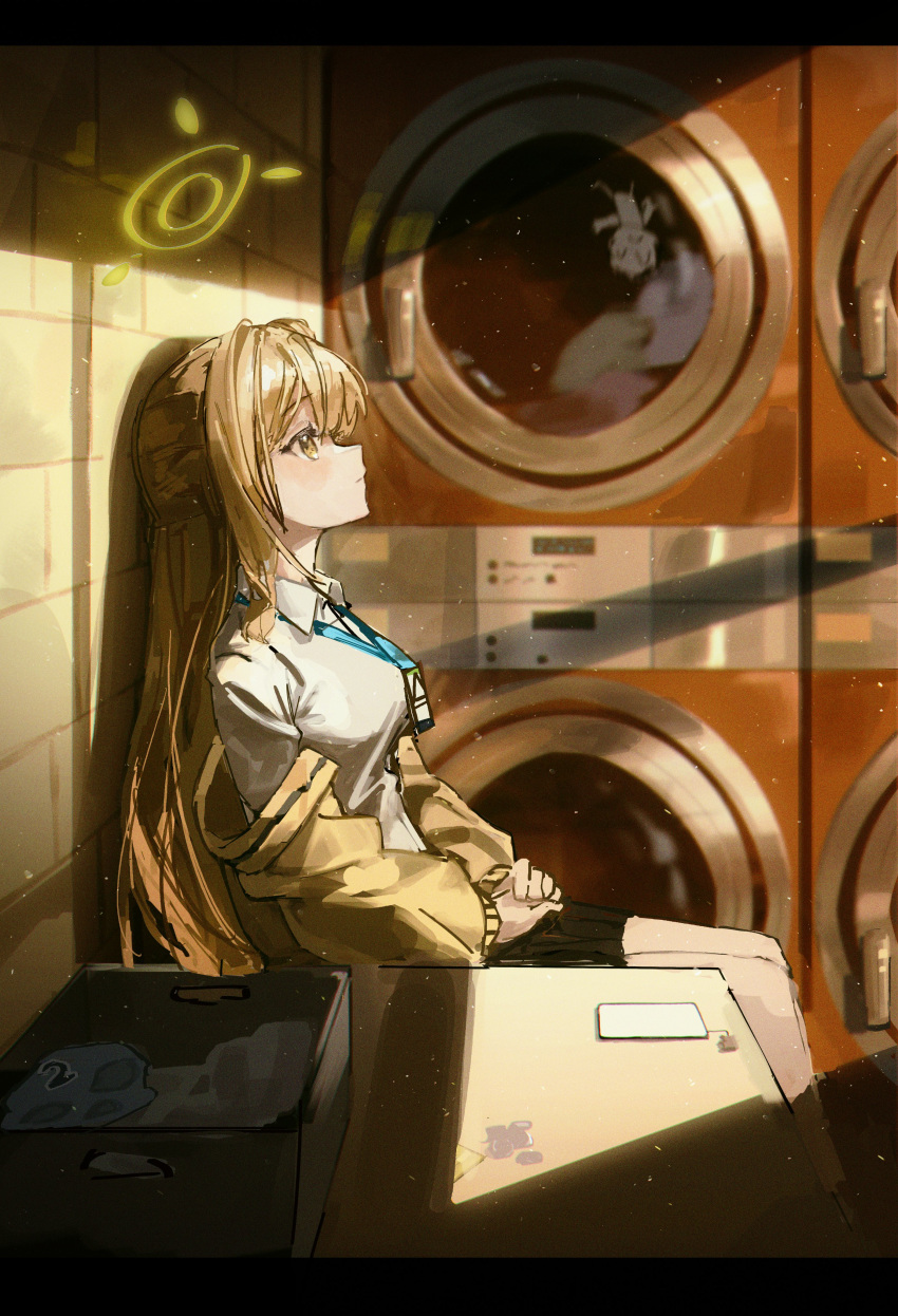1boy, 1girl, absurdres, balaclava, black_skirt, blue_archive, brown_hair, cardigan, cellphone, collared_shirt, commentary_request, doodle_sensei_(blue_archive), green_eyes, hair_between_eyes, halo, highres, hmj0128, id_card, indoors, lanyard, long_hair, long_sleeves, mask, nonomi_(blue_archive), open_cardigan, open_clothes, phone, pleated_skirt, profile, school_uniform, sensei_(blue_archive), shirt, sidelocks, sitting, skirt, smartphone, solo_focus, sunlight, unworn_mask, washing_machine, white_shirt, yellow_cardigan