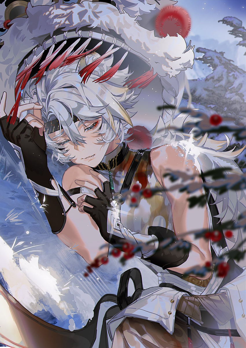 1boy, andrew79358433, animal_ear_fluff, animal_ears, black_gloves, black_headband, black_shirt, blue_background