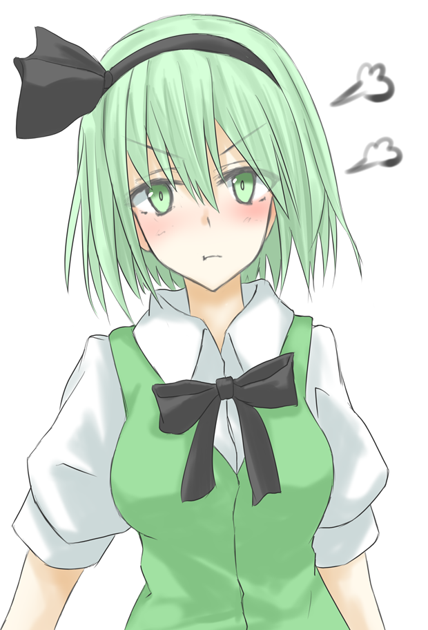 1girl, :t, alternate_hair_color, angry, black_hairband, black_ribbon, breasts, collared_shirt
