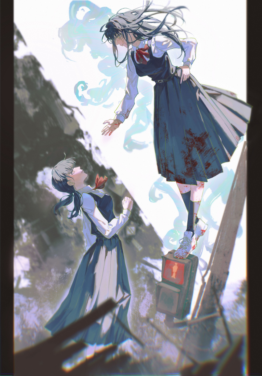2girls, absurdres, black_dress, black_socks, blood, blood_on_clothes, blood_on_dress, blood_on_hands, blood_on_shoes, chainsaw_man, chinese_commentary, collared_shirt, commentary, dongyue_shiyu, dress, from_side, hand_on_own_hip, highres, long_dress, long_hair, looking_down, looking_up, low_twintails, messy_hair, mitaka_asa, multiple_girls, neckerchief, pedestrian_lights, pillarboxed, pinafore_dress, pleated_skirt, reaching_towards_another, red_neckerchief, ringed_eyes, scar, scar_across_eye, scar_on_cheek, scar_on_face, shirt, shoes, short_twintails, skirt, sleeveless, sleeveless_dress, sneakers, socks, standing_on_object, twintails, utility_pole, white_footwear, white_shirt, yellow_eyes, yoru_(chainsaw_man)