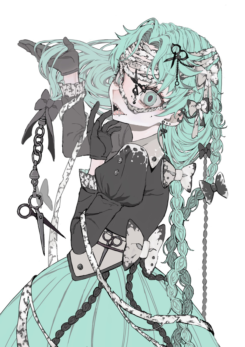 1girl, absurdres, aqua_eyes, aqua_hair, aqua_skirt, back_bow, bandaged_head, bandages