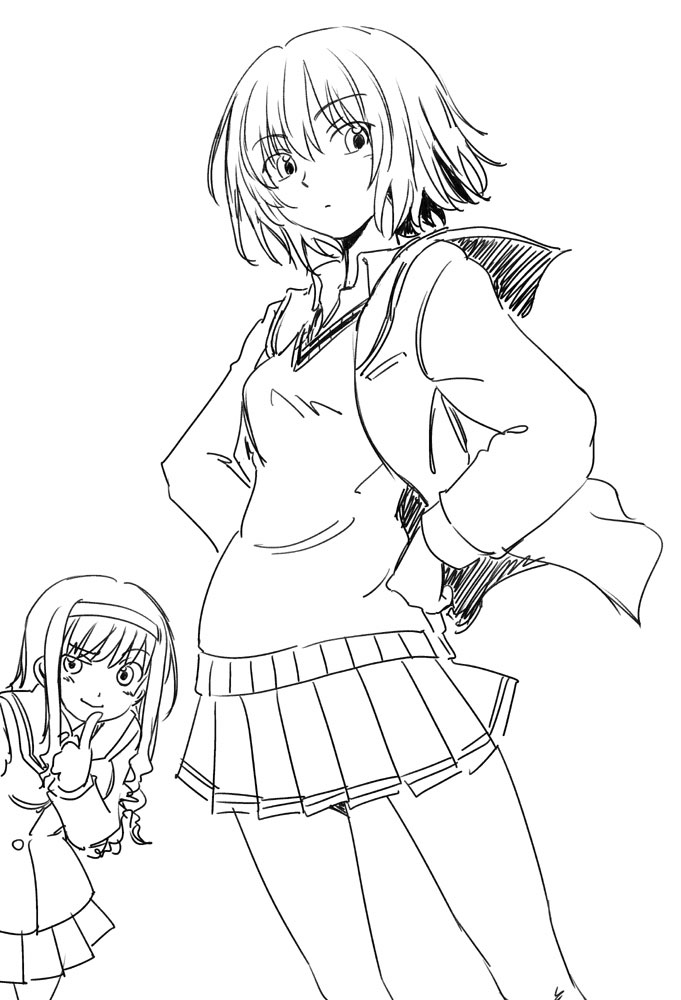 amagami, bad_id, hands_on_hips, kodama_takeshi, lineart, long_hair, monochrome, morishima_haruka, multiple_girls, nanasaki_ai, sashiwosahe, school_uniform, short_hair