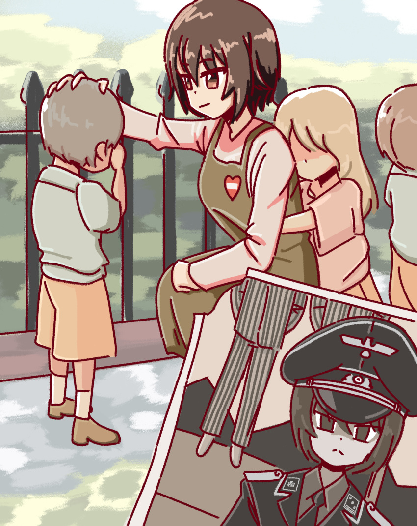 1boy, 2girls, absurdres, black_cat03, brown_eyes, brown_footwear, brown_hair, closed_mouth, collared_shirt, dress, execution, faceless, faceless_female, germany_oneesan_(meme), girls_und_panzer, green_dress, hanged, hat, highres, implied_death, long_sleeves, meme, military_hat, military_uniform, multiple_girls, nazi, necktie, nishizumi_maho, photo_(object), reichsadler, shirt, short_hair, shorts, socks, uniform, waffen-ss, white_socks