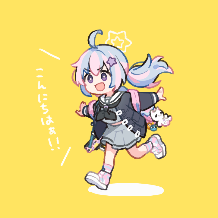 1girl, ahoge, backpack, bag, black_jacket, black_neckerchief, blue_archive, blush