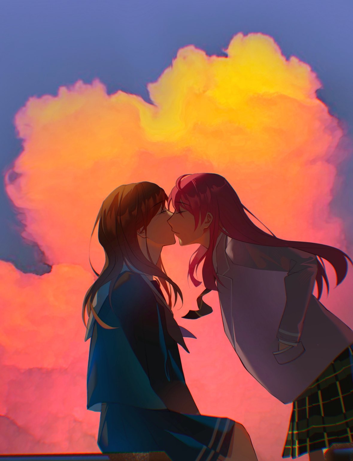 2girls, bang_dream!, bang_dream!_it's_mygo!!!!!, blue_shirt, blue_skirt, brown_hair, cang_(akaga204), chihaya_anon, chinese_commentary, closed_eyes, clouds, commentary_request, dusk, from_side, green_skirt, grey_jacket, hand_in_pocket, haneoka_school_uniform, heart-shaped_cloud, highres, jacket, kiss, long_hair, long_sleeves, multiple_girls, nagasaki_soyo, outdoors, pink_hair, plaid, plaid_skirt, pleated_skirt, profile, school_uniform, shirt, skirt, tsukinomori_school_uniform, yuri