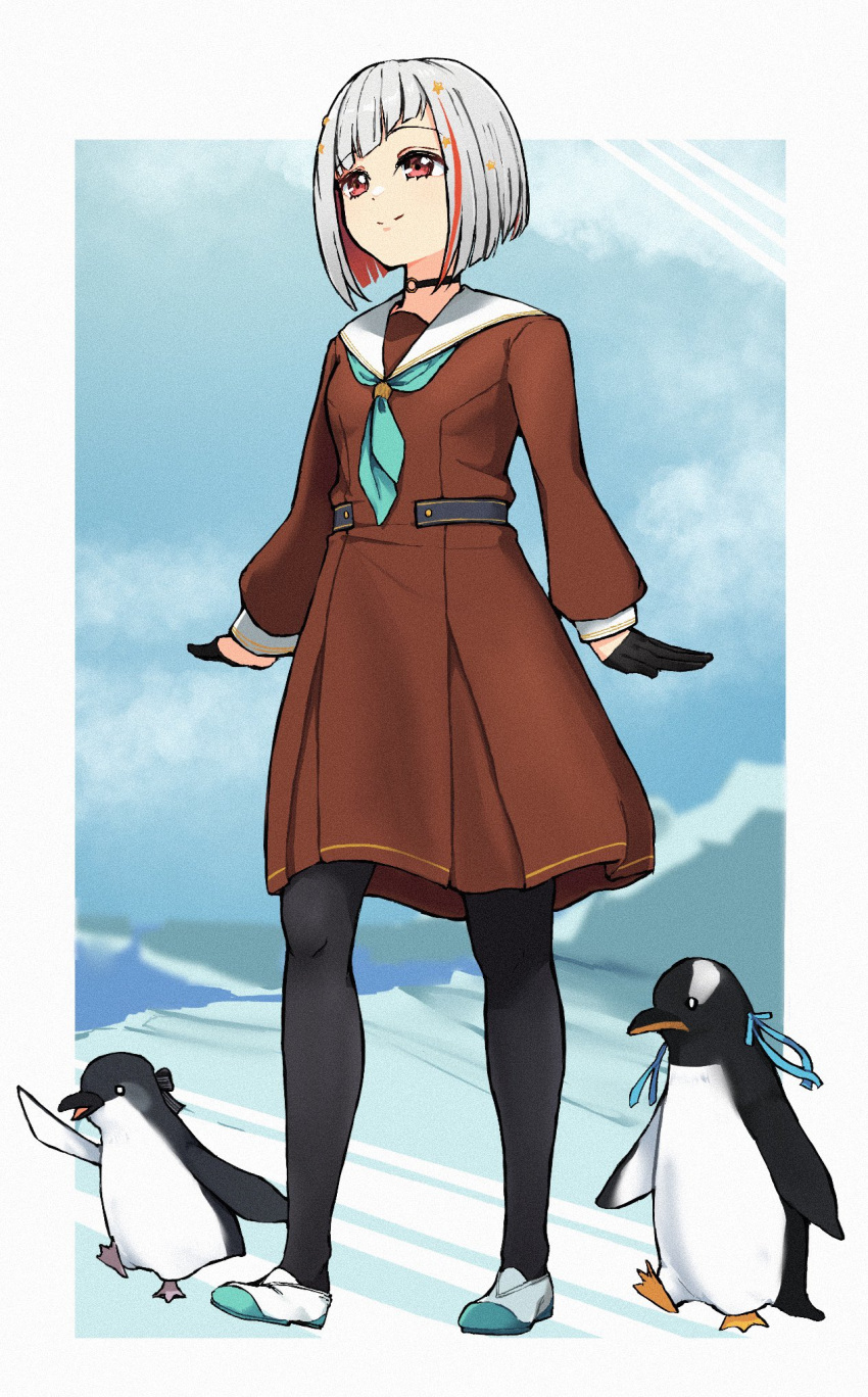 1girl, aqua_footwear, aqua_neckerchief, arms_at_sides, bird, black_choker, black_gloves, black_pantyhose