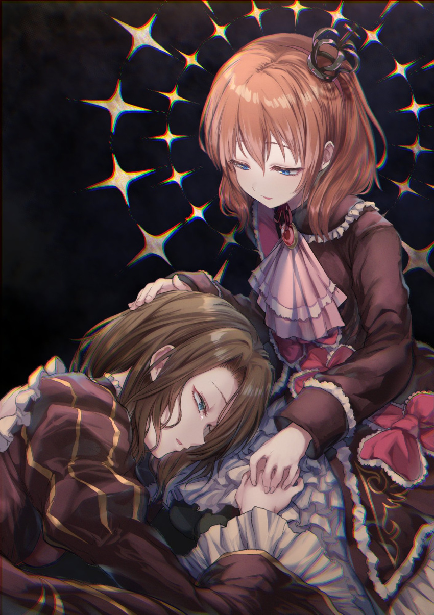 1girl, 1other, androgynous, ascot, black_background, blue_eyes, bow, brown_dress, brown_hair, chromatic_aberration, crown, crying, dress, frilled_bow, frilled_dress, frilled_sleeves, frills, gem, hand_on_another's_hand, hand_on_another's_head, highres, juliet_sleeves, long_sleeves, looking_at_another, multiple_girls, open_mouth, pink_ascot, prprpkpy, puffy_sleeves, red_bow, red_ribbon, ribbon, short_hair, sidelocks, striped_clothes, striped_dress, tears, umineko_no_naku_koro_ni, ushiromiya_maria, vertical-striped_clothes, vertical-striped_dress, yasu_(umineko)