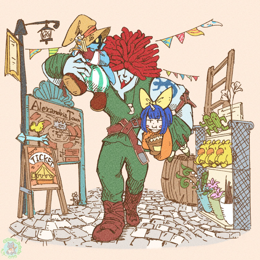 1girl, 2boys, age_difference, armband, arms_up, arrow_(symbol), banner, barrel