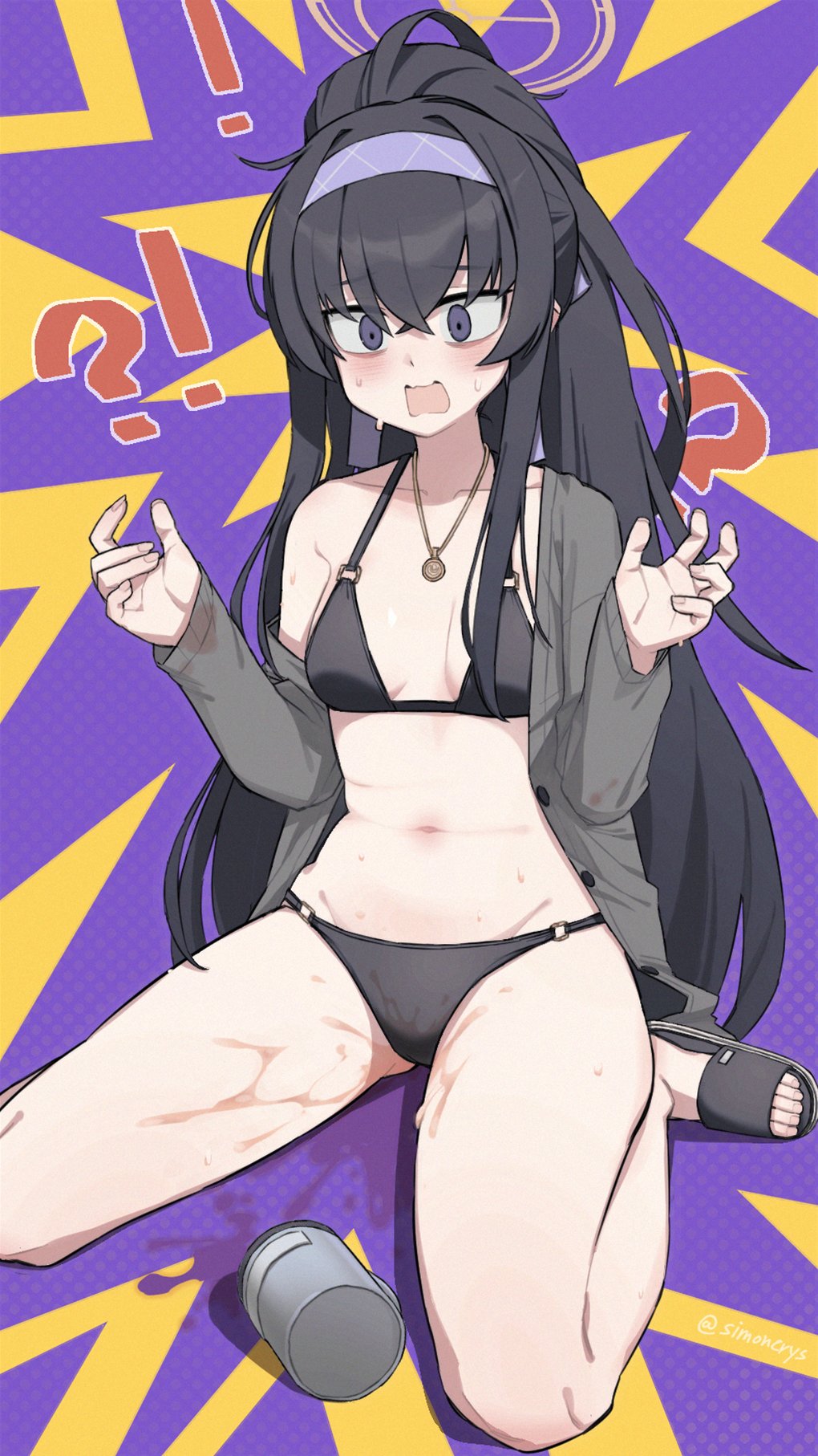 1girl, bikini, black_hair, blue_archive, breasts, hair_between_eyes, highres, jewelry