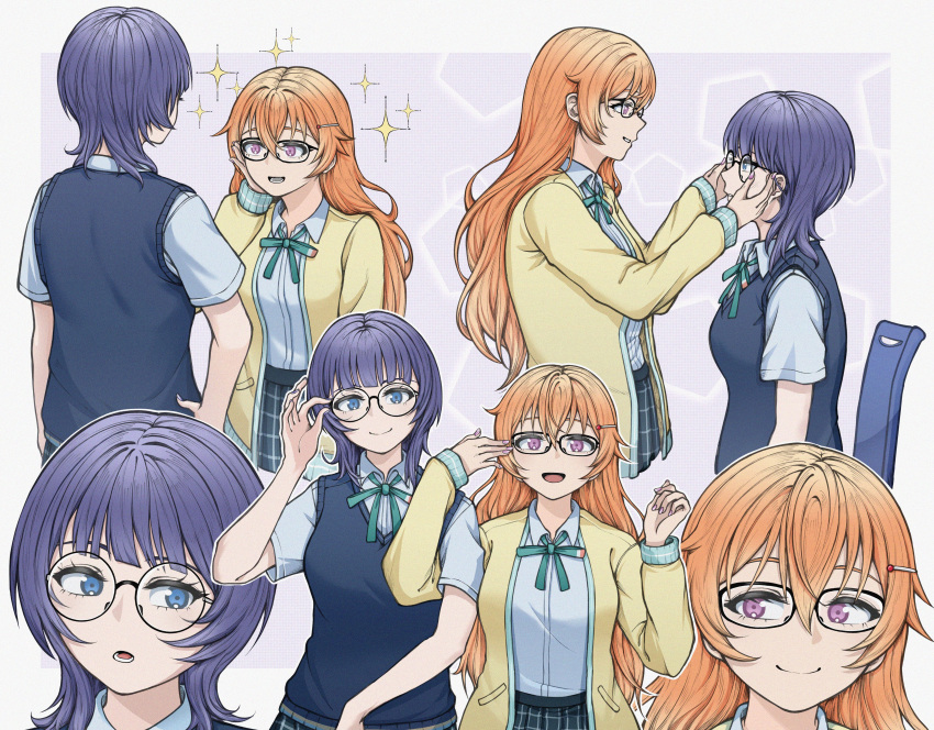 2girls, absurdres, adjusting_another's_eyewear, adjusting_eyewear, asaka_karin, bespectacled, blue_eyes, blue_hair