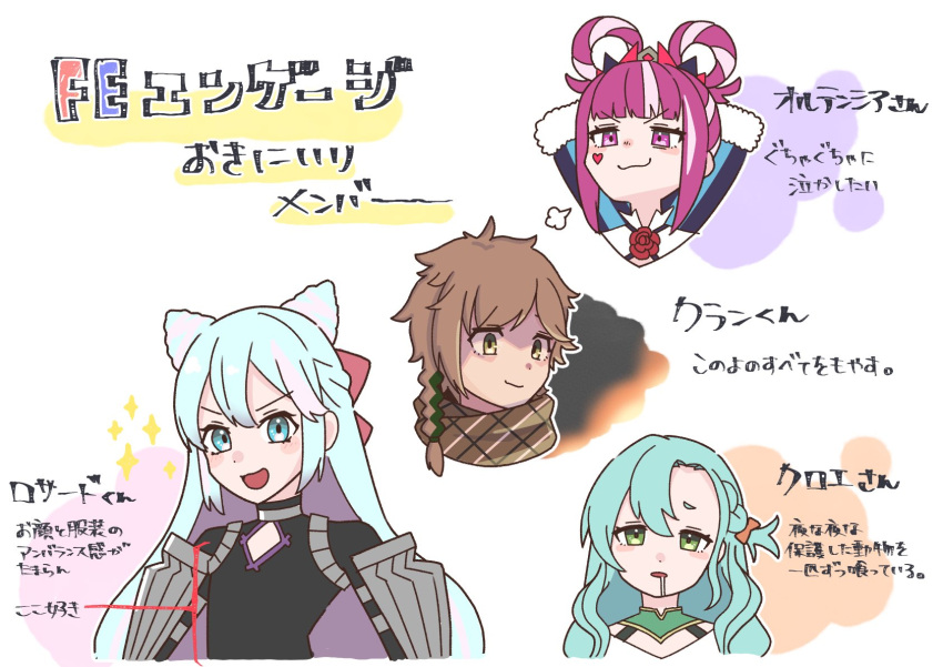 2boys, 2girls, blue_eyes, blue_hair, chloe_(fire_emblem), clanne_(fire_emblem), drooling, facial_mark