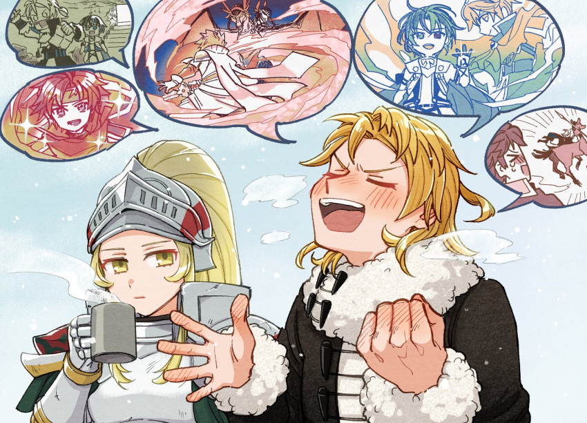 1boy, 1girl, alear_(fire_emblem), alear_(male)_(fire_emblem), amber_(fire_emblem), armor, blonde_hair, cup