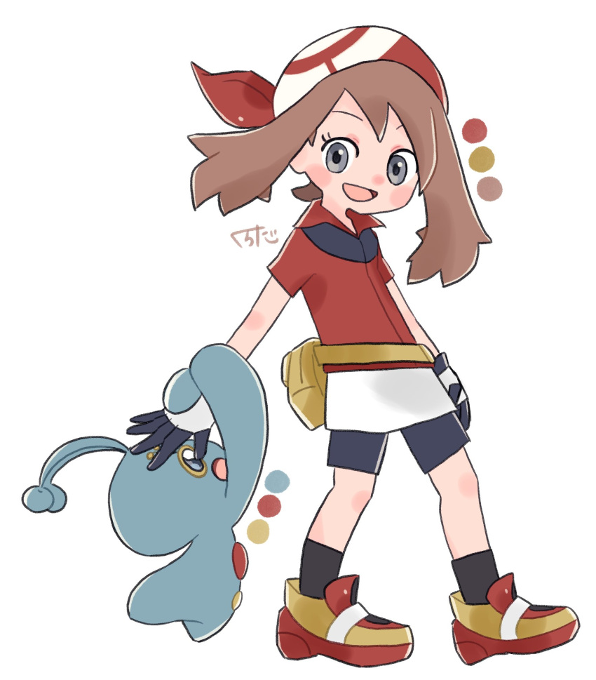 1girl, :d, bandana, black_shorts, black_socks, brown_hair, fanny_pack, full_body