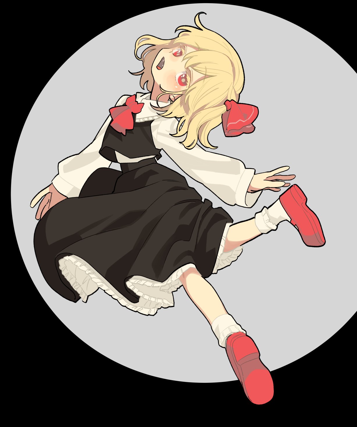 1girl, blonde_hair, blush, bobby_socks, frilled_skirt, frills, full_body, head_tilt, highres, long_sleeves, medium_hair, ocha_(kinnkonnsousai), one_side_up, open_mouth, red_eyes, rumia, skirt, skirt_set, socks, solo, touhou, twisted_torso