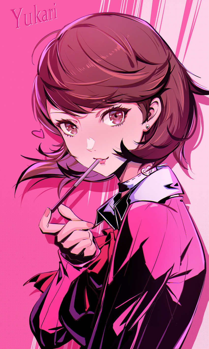 1girl, absurdres, bow, bowtie, breasts, brown_eyes, brown_hair, cardigan