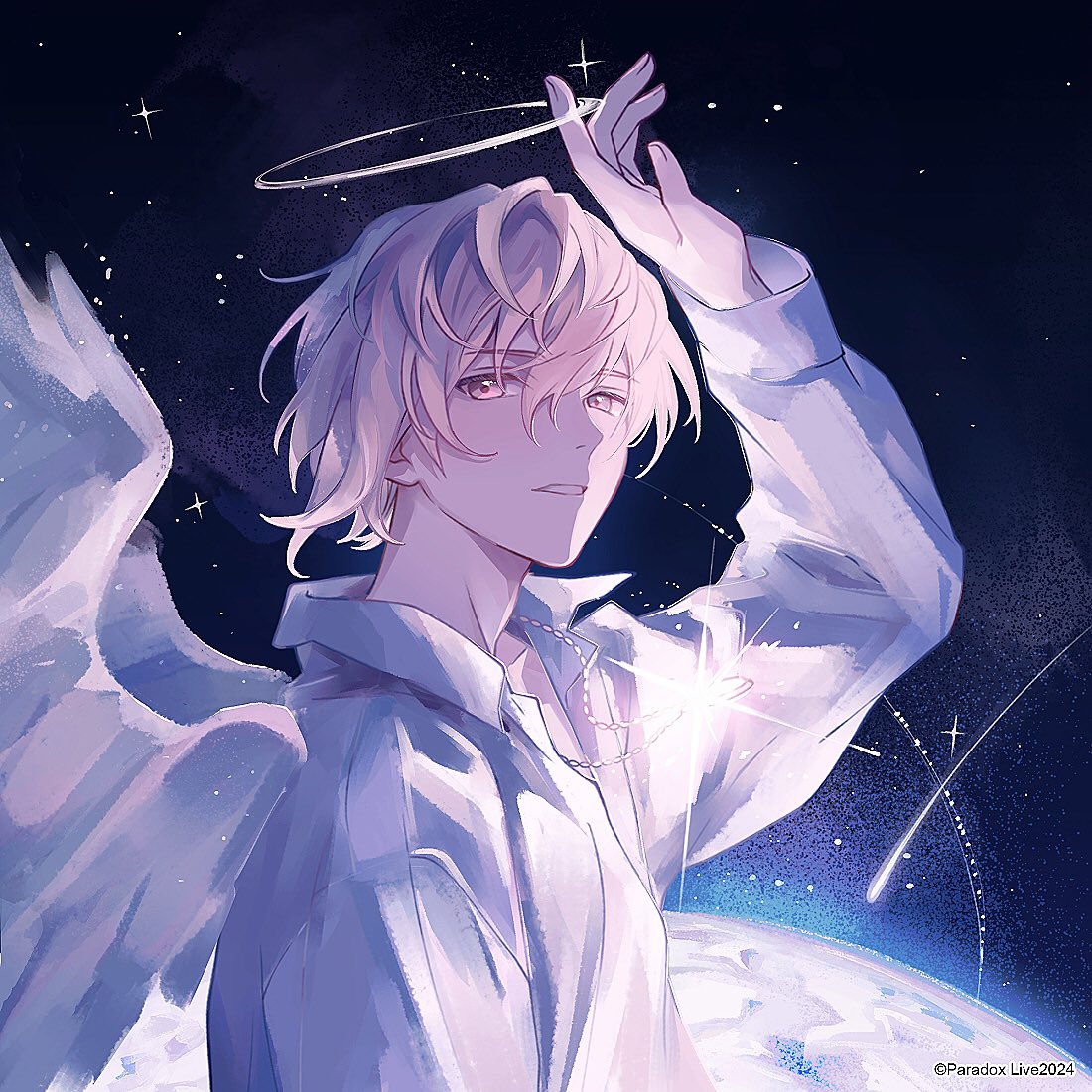 1boy, angel, angel_wings, feathered_wings, halo, jewelry, long_sleeves, looking_at_viewer