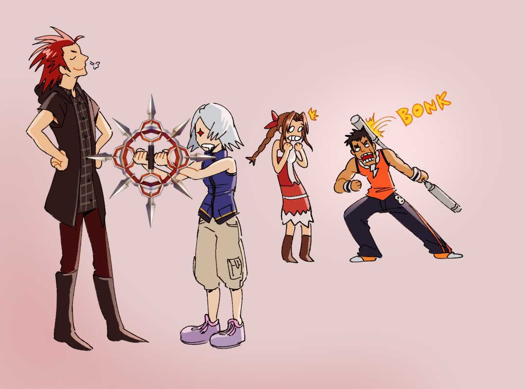 2boys, 2girls, aerith_gainsborough, black_footwear, black_hair, black_jacket, black_pants, blank_eyes
