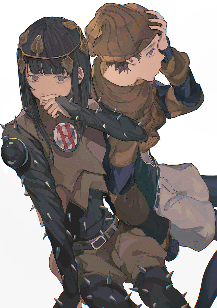 2boys, absurdres, beanie, black_hair, blunt_bangs, brown_hair, covering_own_mouth, cowboy_shot