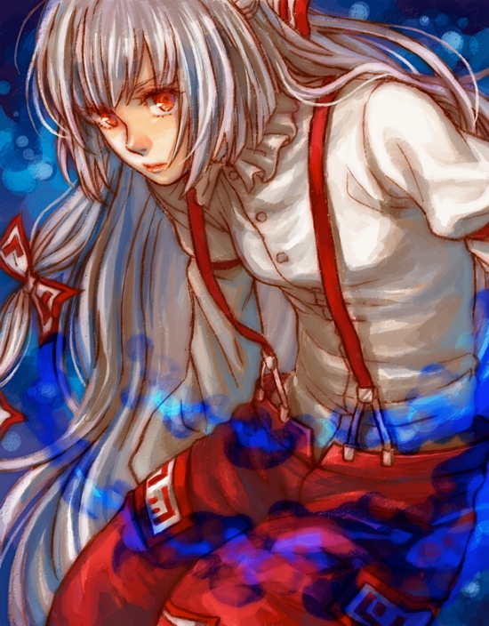 bow, fujiwara_no_mokou, hair_bow, hair_ribbon, himmelxxx, long_hair, pants, red_eyes