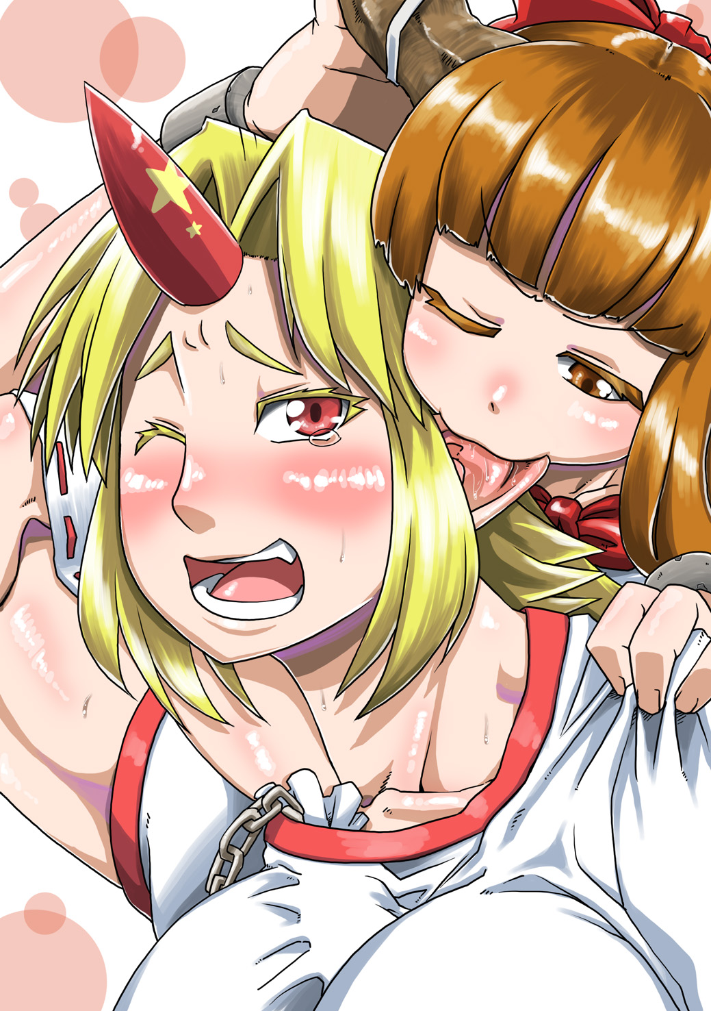 biting, blonde_hair, bow, brown_hair, cuffs, ear_biting, face, hair_bow, highres, horn, horns, hoshiguma_yuugi, ibuki_suika, long_hair, manuke(jackasss), multiple_girls, pointy_ears, red_eyes, touhou, wince, yuri