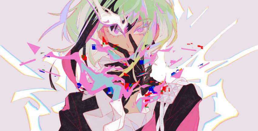 1boy, black_gloves, black_vest, colored_eyelashes, expressionless, frilled_sleeves, frills, glitch