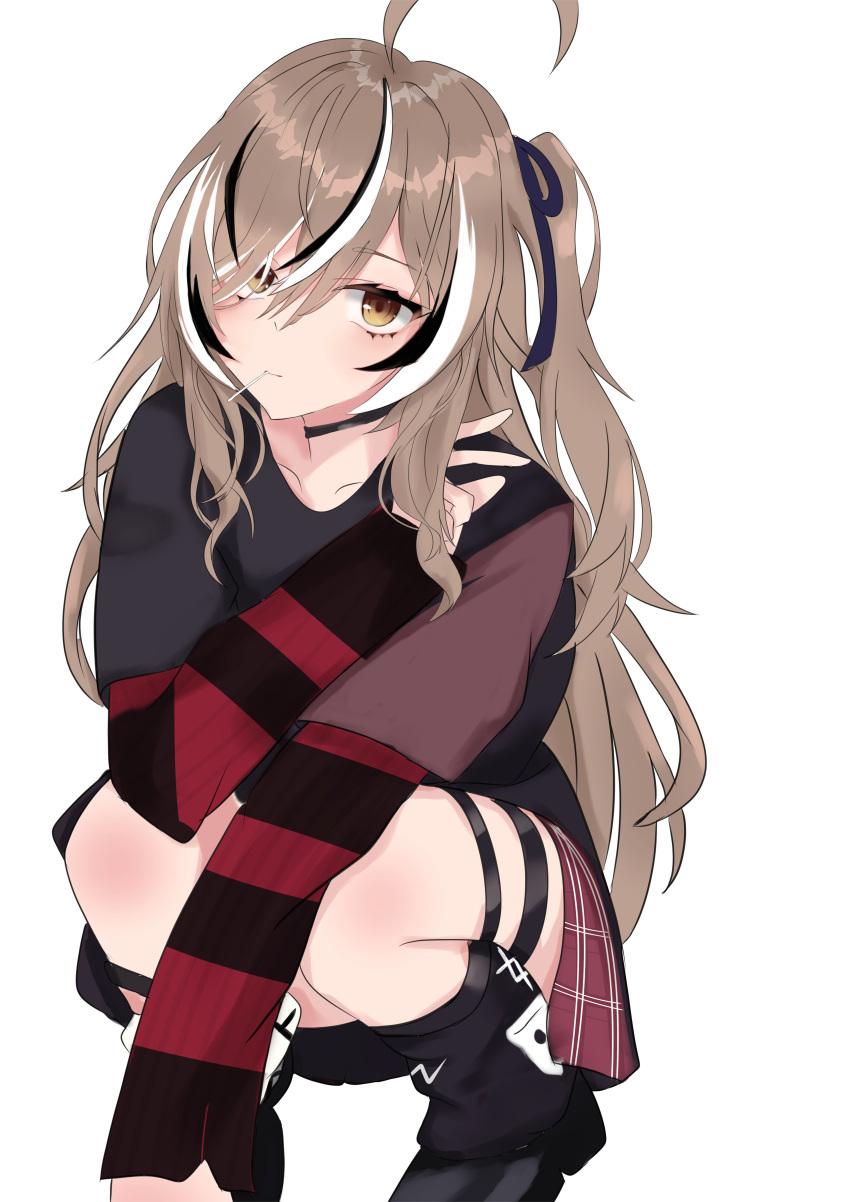 1girl, absurdres, ahoge, black_choker, black_hair, black_ribbon, black_shirt, black_skirt, black_sweater, brown_eyes, brown_hair, candy, choker, emo_fashion, english_commentary, food, hair_over_one_eye, hair_ribbon, highres, hololive, hololive_english, huge_ahoge, jomizumi, lollipop, long_hair, long_sleeves, looking_at_viewer, multicolored_hair, nanashi_mumei, nanashi_mumei_(emo), official_alternate_costume, official_alternate_hairstyle, one_side_up, red_skirt, red_sweater, ribbon, shirt, short_hair, short_sleeves, skirt, solo, squatting, streaked_hair, striped_clothes, striped_sweater, sweater, sweater_under_shirt, thigh_strap, two-tone_sweater, virtual_youtuber, white_hair