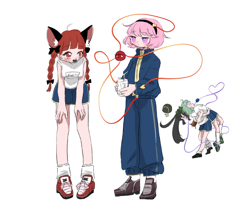 4girls, alternate_costume, animal_ears, black_footwear, black_hair, black_hairband, blue_pants, blue_shorts