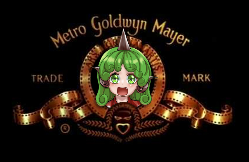 1girl, :d, black_background, commentary, english_commentary, fang, green_eyes, green_hair