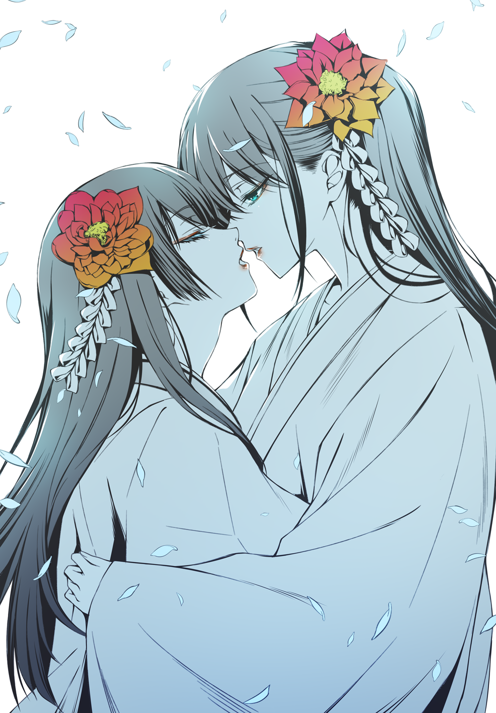 2girls, blue_eyes, closed_eyes, commentary_request, counter:side, falling_petals, flower, from_side