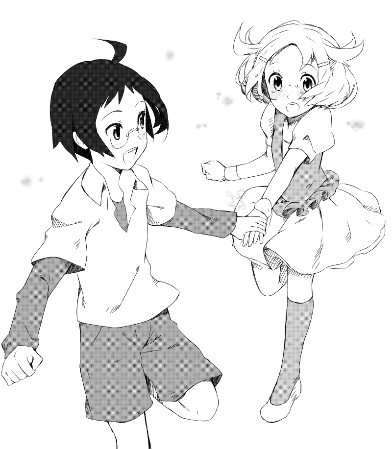 1girl, ahoge, bel_(pokemon), bell_(pokemon), cheren_(pokemon), comicstudio, hair_ornament, hairclip, holding_hands, monochrome, no_hat, no_headwear, open_mouth, pokemon, pokemon_(game), pokemon_black_and_white, pokemon_bw, raemz, running, shoes, skirt, surprise, tears, thighhighs, weee, weee_(raemz), wristband, young
