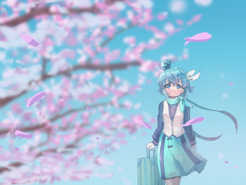1girl, aoki_lapis, blue_eyes, blue_hair, blurry, blurry_background, cherry_blossoms, extreme_nattou