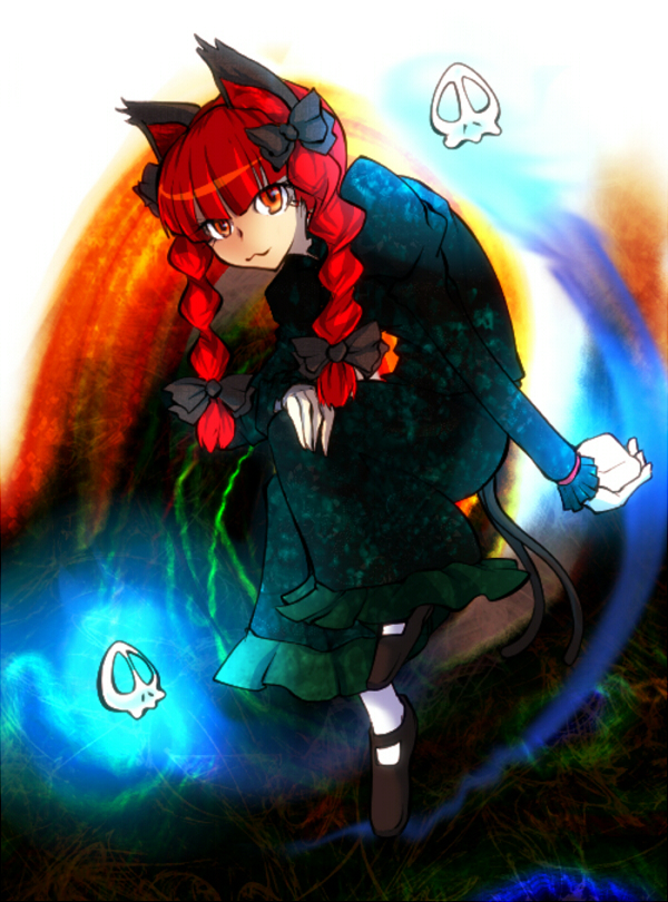 animal_ears, bow, braid, cat_ears, cat_tail, dress, hair_bow, hitodama