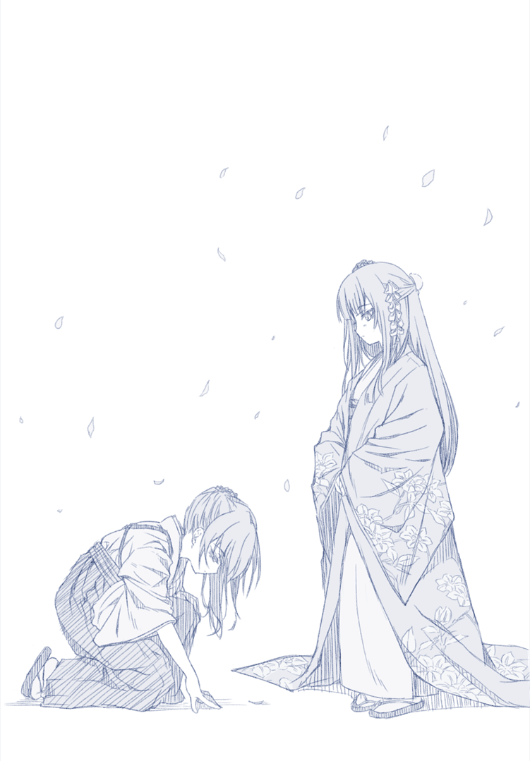 2girls, commentary_request, counter:side, falling_petals, flower, full_body, greyscale, hair_flower