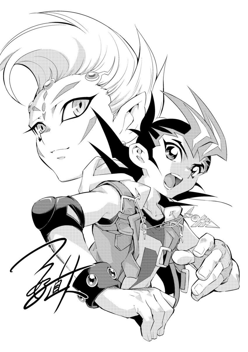 2boys, astral_(yu-gi-oh!), commentary_request, facial_mark, forehead_jewel, greyscale, halftone, highres