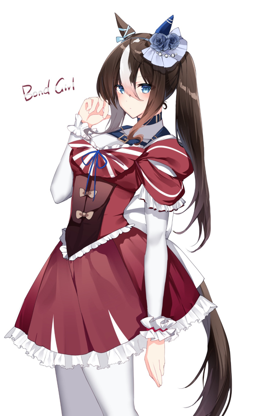 1girl, animal_ears, blue_eyes, blue_flower, blue_rose, bond_girl_(racehorse), brown_hair, character_name, dress, ear_covers, ear_flower, ear_ribbon, flower, from_side, hair_between_eyes, highres, horse_ears, horse_girl, horse_tail, long_hair, looking_at_viewer, looking_to_the_side, multicolored_hair, original, pantyhose, personification, red_dress, rose, sb_(akagikeai), simple_background, single_ear_cover, solo, streaked_hair, tail, umamusume, white_background, white_hair, white_pantyhose