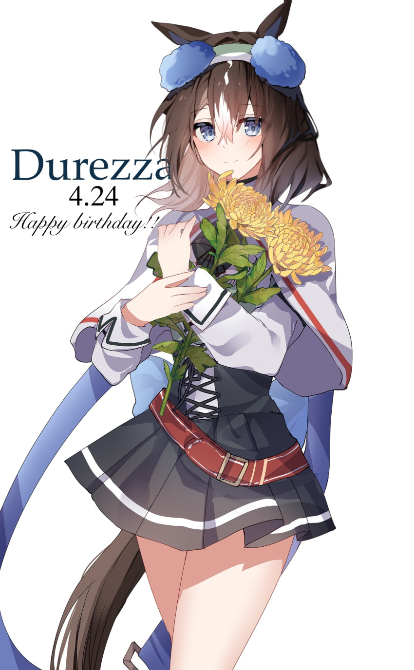 1girl, animal_ears, black_skirt, blue_eyes, blush, brown_hair, capelet, character_name