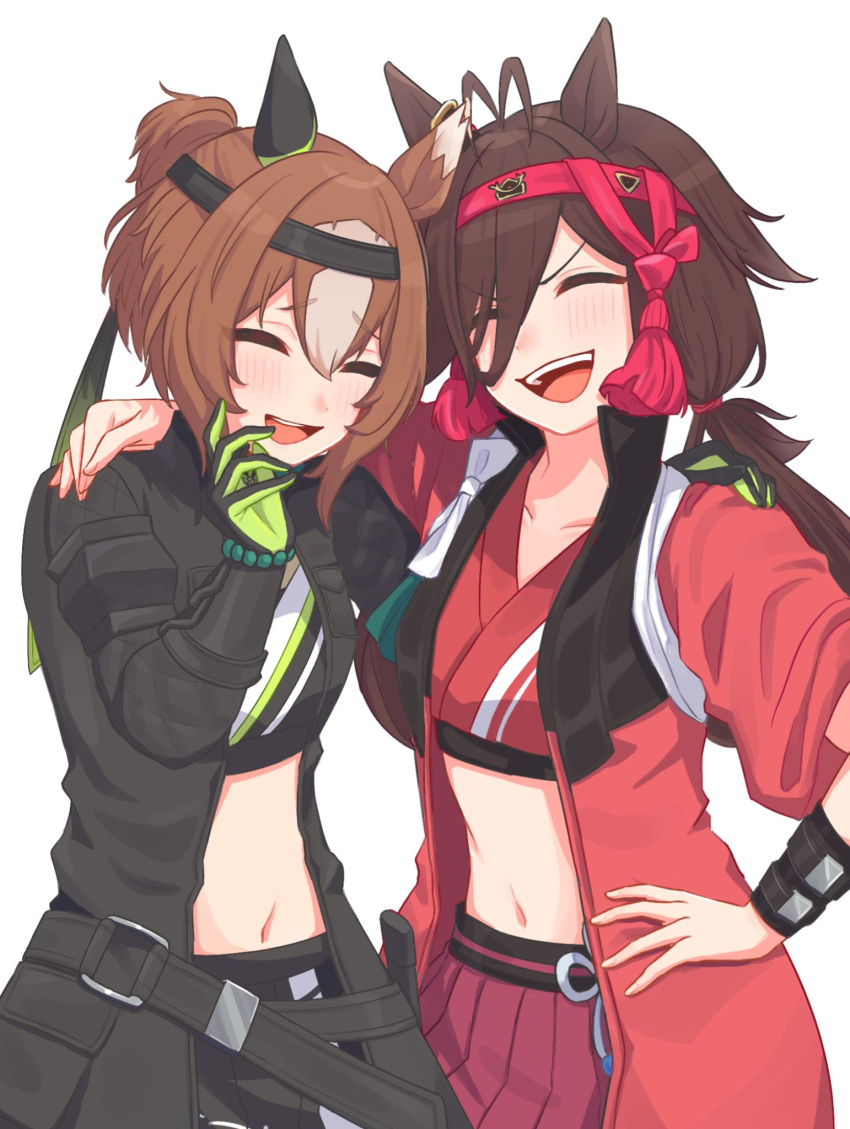 2girls, animal_ears, antenna_hair, black_headband, black_jacket, brown_hair, bukeo, closed_eyes