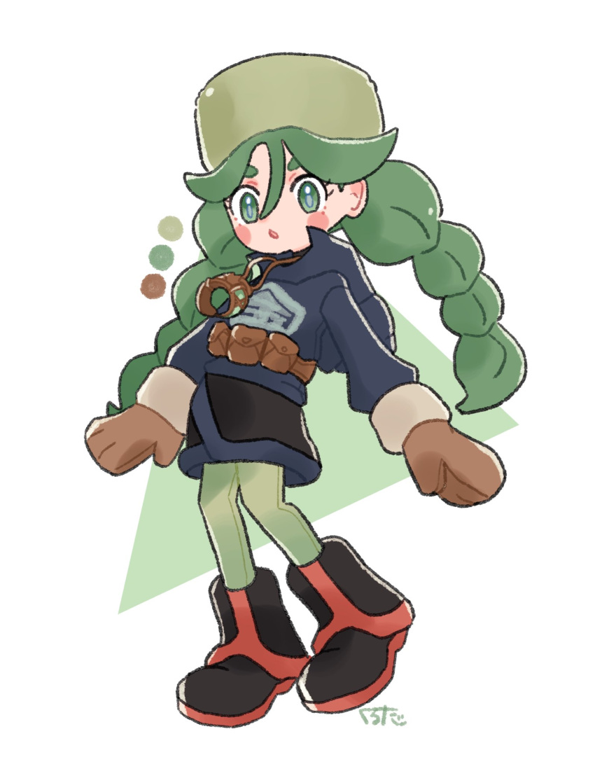 1girl, belt_pouch, black_footwear, blue_jacket, boots, braid, brown_mittens, full_body