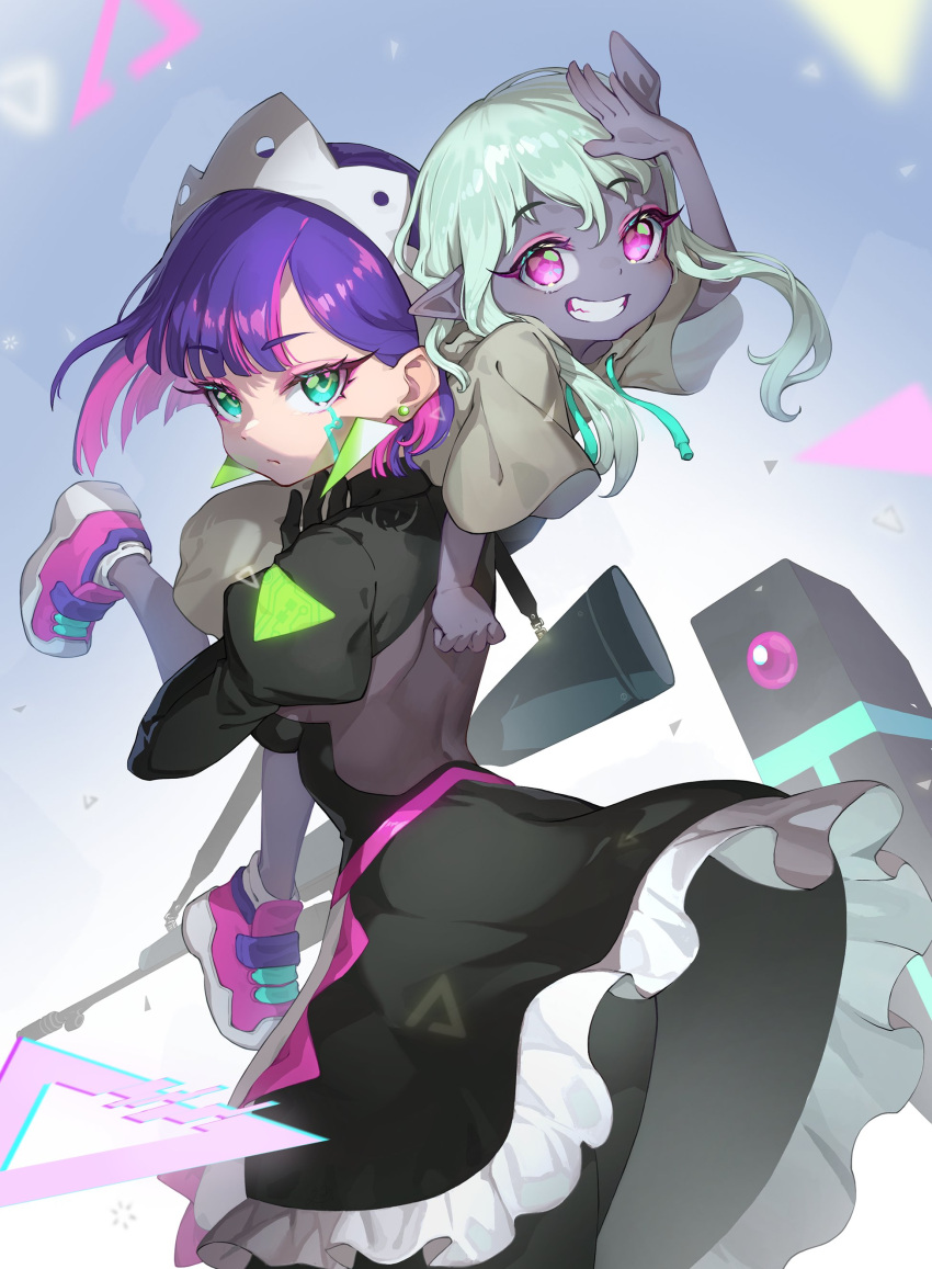2girls, absurdres, black_skin, blue_eyes, bw_drawing, colored_inner_hair, colored_skin, demon_girl