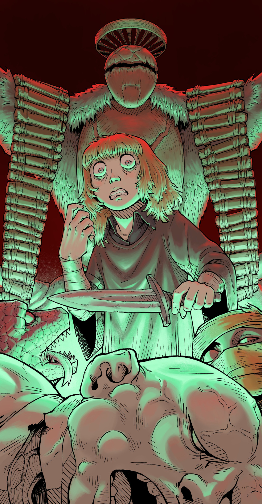 1girl, 2boys, absurdres, clenched_teeth, commentary_request, dagger, dress, fear_&amp;_hunger