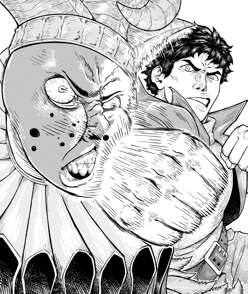 2boys, absurdres, belt, blood, clenched_teeth, commentary_request, face_punch, fear_&amp;_hunger