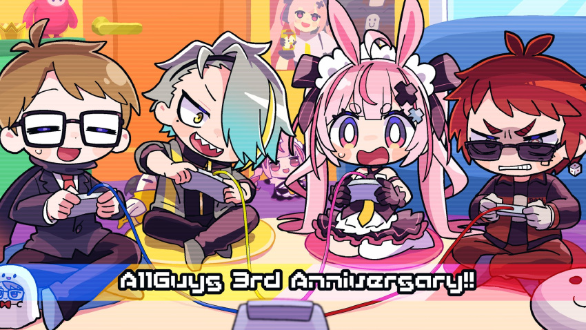 1girl, 3boys, =_=, angry, animal_ears, anniversary, antenna_hair, bans