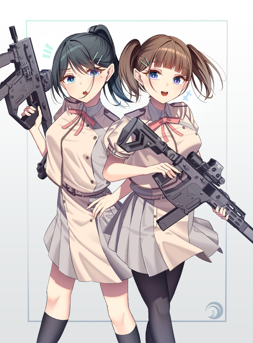 2girls, angel_ina, black_hair, black_pantyhose, blue_eyes, breasts, brown_hair, character_request