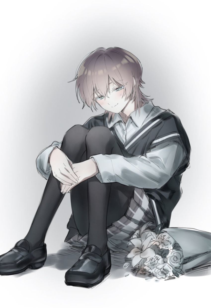 1girl, black_footwear, black_pantyhose, black_sweater_vest, bouquet, closed_mouth, collared_shirt, commentary