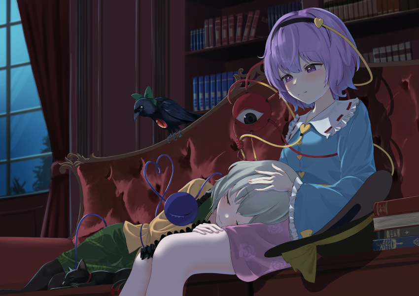 2girls, absurdres, bird, black_bird, black_cat, black_eyes, black_hairband, black_hat