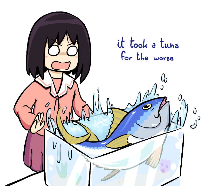 1girl, absurdres, animal, azumanga_daioh, black_eyes, black_hair, english_text, fish, fish_tank, highres, kasuga_ayumu, looking_at_animal, olistar255, sand, solo_focus, splashing, surprised, tuna, water
