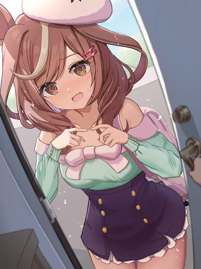 1girl, alternate_costume, animal_ears, bag, blue_hair, blush, breasts, brown_eyes