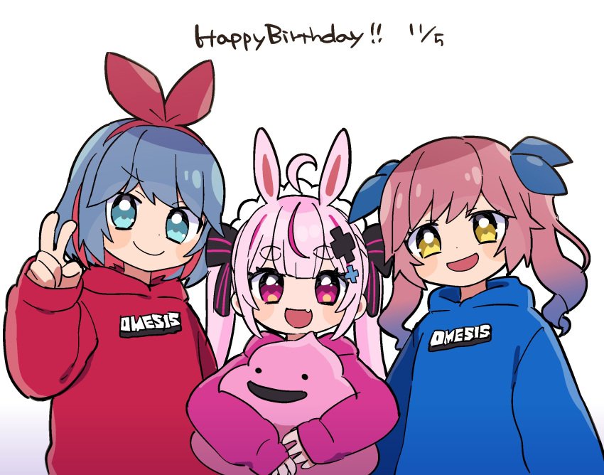 3girls, alternate_costume, animal_ears, blue_eyes, blue_hair, blue_hoodie, blue_ribbon, blush